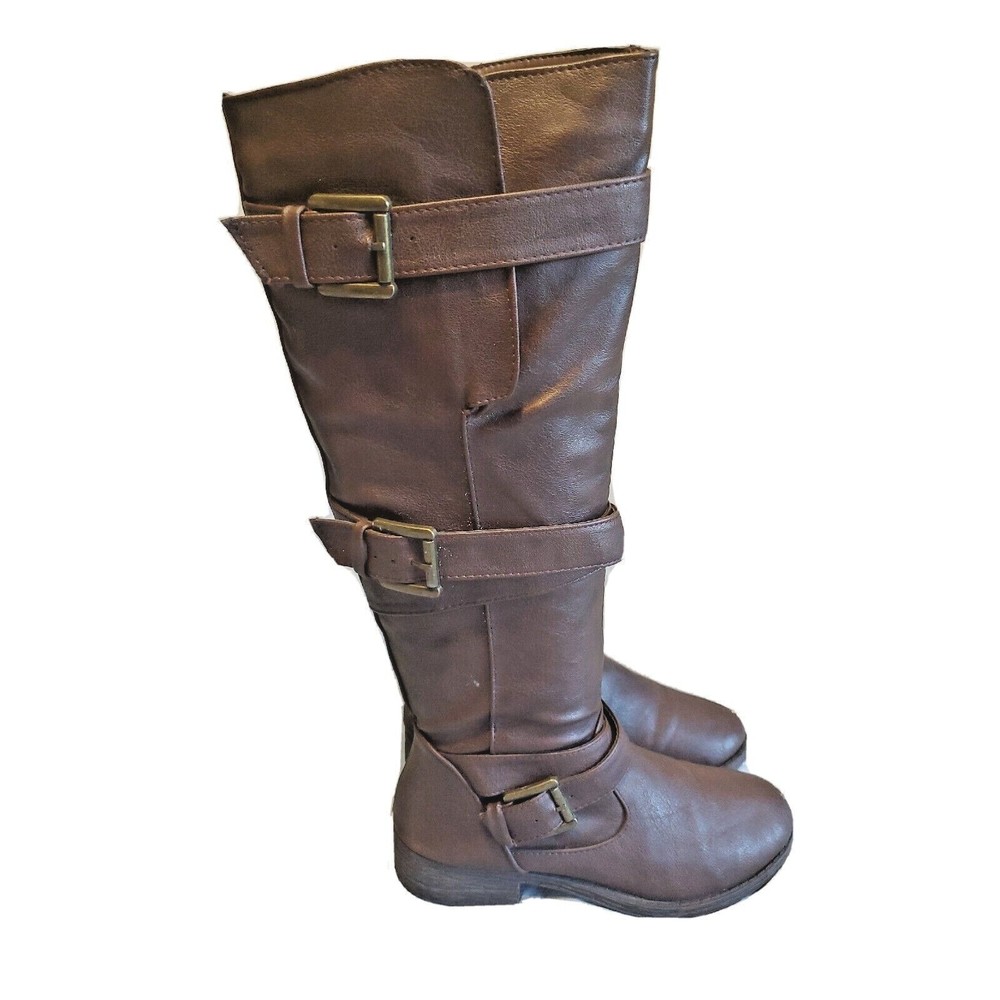 Girls Tall Riding Boos Sz 5.5 Faux Leather Zipped Brown Block Heel Bamboo